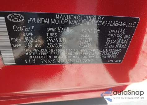 2022 Hyundai Santa Fe Se z USA, uszkodzony, nr VIN 5NMS14AJ3NH402882